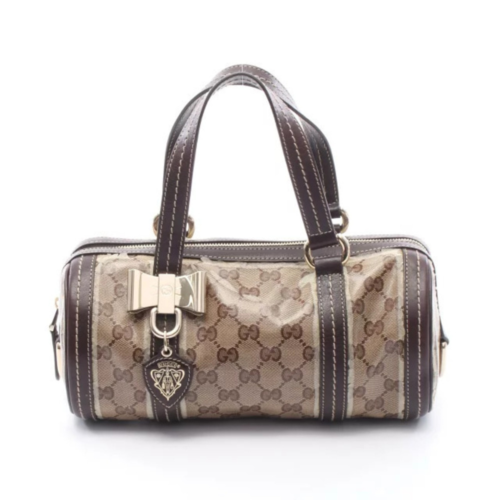 Gucci Crest Boston Bag GG Crystal Handbag Canvas Leather Beige Cream Brown